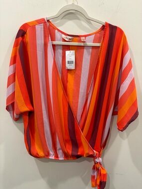 Willow Root Multicolor Striped Open Wrap Top with Side Tie